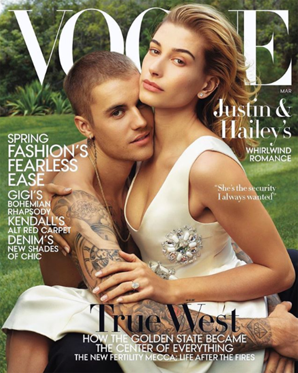 『VOGUE』表紙を飾ったジャスティン＆ヘイリー夫妻（画像は『Hailey Rhode Bieber　2019年2月7日付Instagram「so excited to cover ＠voguemagazine’s March issue with my loveeeeeee shot by ＃AnnieLeibovitz Read our full cover story in the link in my bio」』のスクリーンショット）