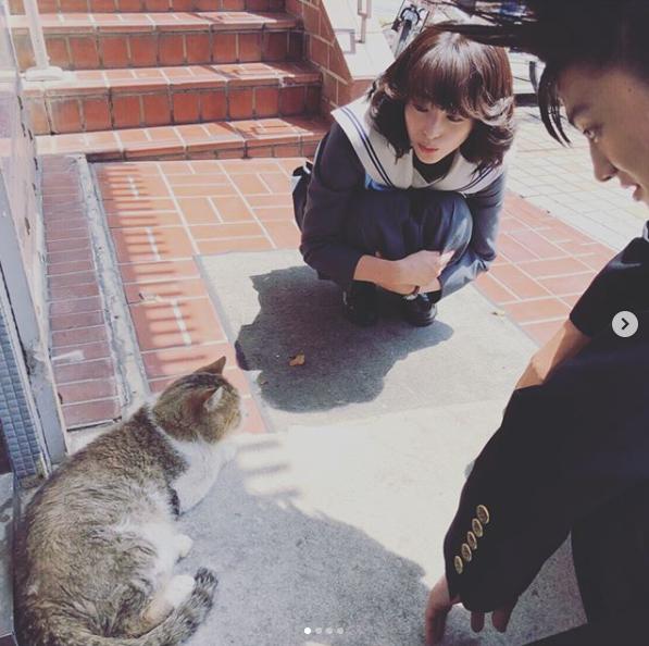 猫を愛でる清野菜名と伊藤健太郎（画像は『【公式】今日から俺は!! 激写!!　2019年2月22日付Instagram「＃猫の日 ですってよ。」』のスクリーンショット）