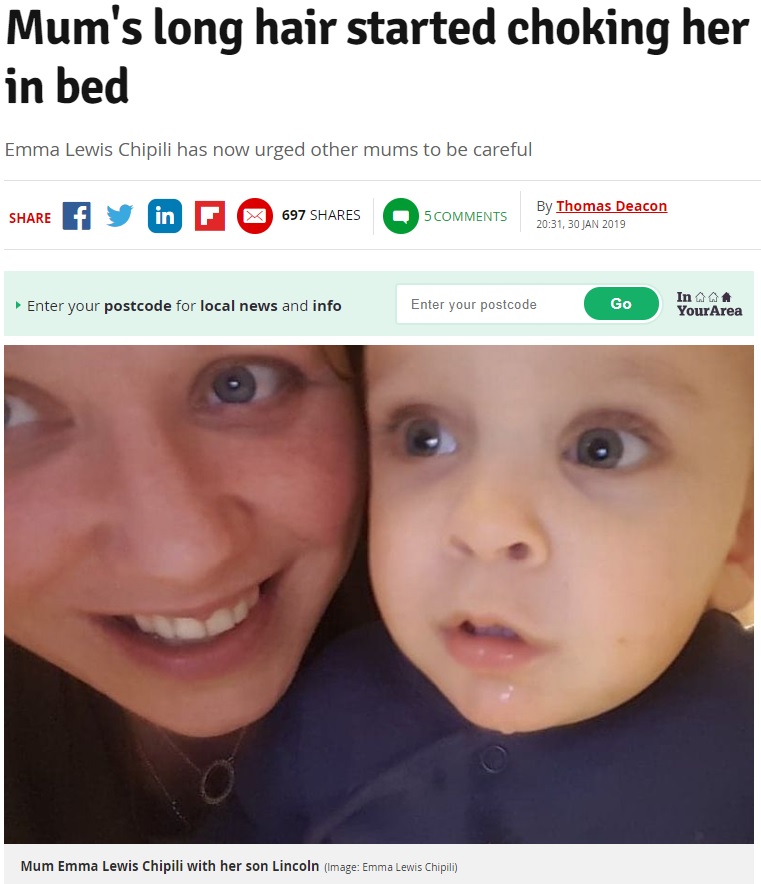 添い寝中は「きちんと髪を結んで」と母親（画像は『WalesOnline　2019年1月30日付「Mum’s long hair started choking her baby as they lay in bed」（Image: Emma Lewis Chipili）』のスクリーンショット）
