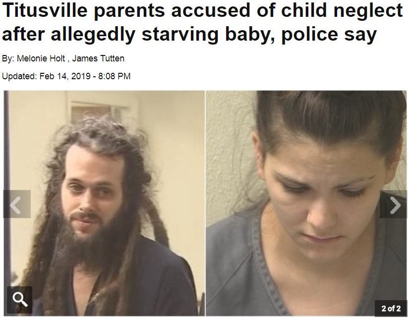 生後5か月の我が子を餓死寸前にしたカップル（画像は『WFTV　2019年2月14日付「Titusville parents accused of child neglect after allegedly starving baby, police say」』のスクリーンショット）