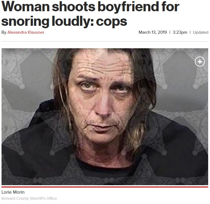 「イビキがうるさい」という理由で恋人を殺そうとした女（画像は『New York Post　2019年3月13日付「Woman shoots boyfriend for snoring loudly: cops」（Brevard County Sherriff’s Office）』のスクリーンショット）