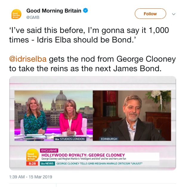 「ハリウッド・ロイヤル」と紹介されたジョージ・クルーニー（画像は『Good Morning Britain　2019年3月15日付Twitter「‘I’ve said this before, I’m gonna say it 1,000 times - Idris Elba should be Bond.’』のスクリーンショット）