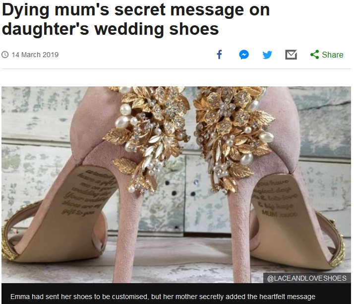 ウエディングシューズに末期がんの母から素敵なサプライズが（画像は『BBC News　2019年3月14日付「Dying mum’s secret message on daughter’s wedding shoes」（＠LACEANDLOVESHOES）』のスクリーンショット）