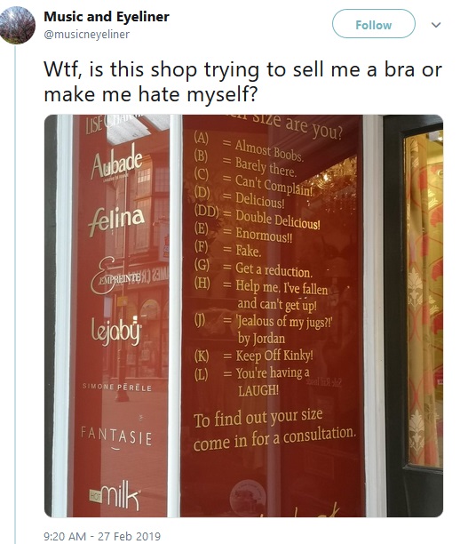 ブラ店の看板がTwitterに投稿されると話題に（画像は『Music and Eyeliner　2019年2月27日付Twitter「Wtf, is this shop trying to sell me a bra or make me hate myself?」』のスクリーンショット）