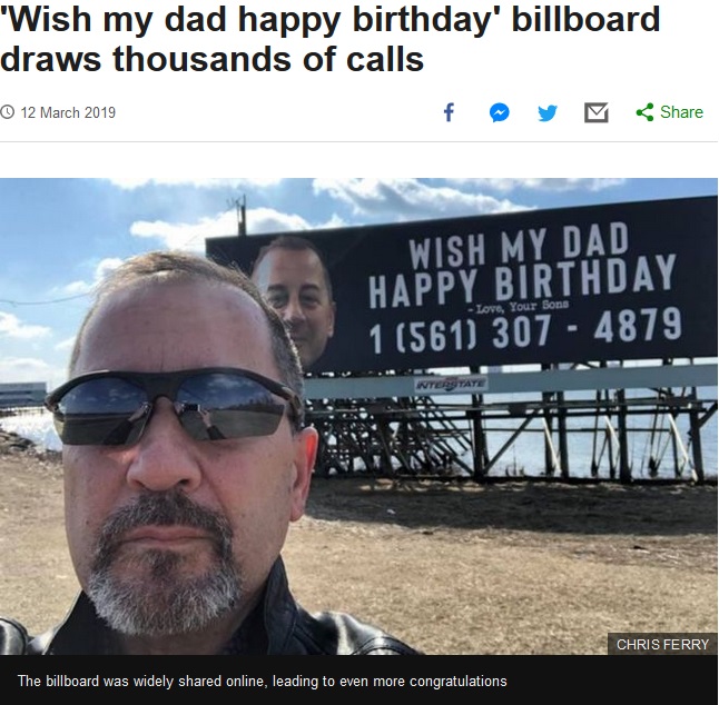 息子達のサプライズにより、誕生日の祝福メッセージが多数寄せられたクリスさん（画像は『BBC News　2019年3月12日付「‘Wish my dad happy birthday’ billboard draws thousands of calls」（CHRIS FERRY）』のスクリーンショット）