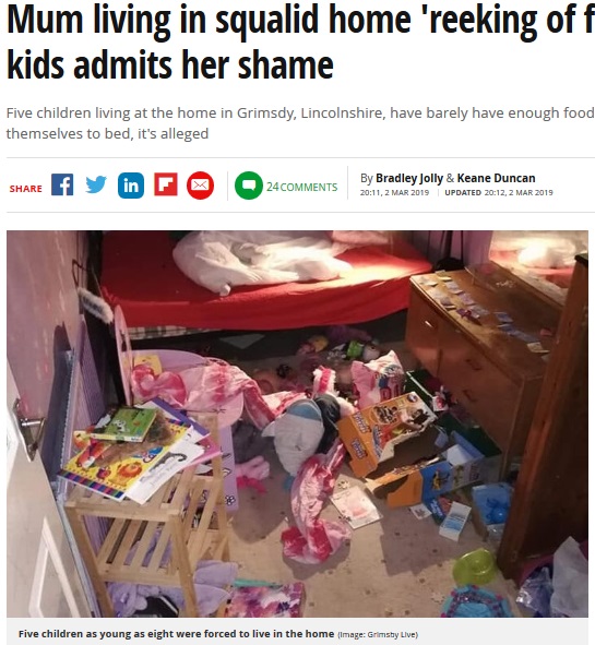 妊婦が5人の子と生活している部屋の一部（画像は『Mirror 2019年3月2日付「Mum living in squalid home ‘reeking of faeces’ with FIVE kids admits her shame」（Image: Grimsby Live）』のスクリーンショット）