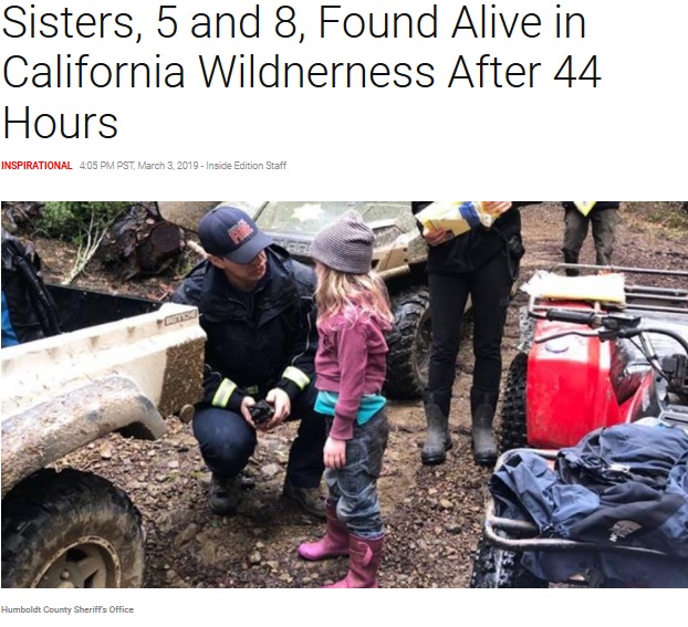 行方不明の5歳と8歳の姉妹、44時間後に救出される（画像は『Inside Edition　2019年3月3日付「Sisters, 5 and 8, Found Alive in California Wilderness After 44 Hours」（Humboldt County Sheriff’s Office）』のスクリーンショット）