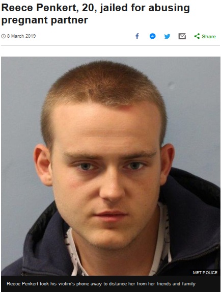 恋人への暴行で実刑判決を受けた男（画像は『BBC News　2019年3月8日付「Reece Penkert, 20, jailed for abusing pregnant partner」（MET POLICE）』のスクリーンショット）