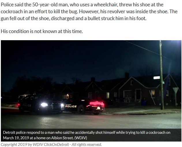 ゴキブリ退治で自分の足を撃ってしまった男性宅に警察が駆けつける（画像は『ClickOnDetroit　2019年3月19日付「Detroit police: Man throws shoe with gun in it at cockroach, bullet strikes him in foot」（WDIV ClickOnDetroit）』のスクリーンショット）