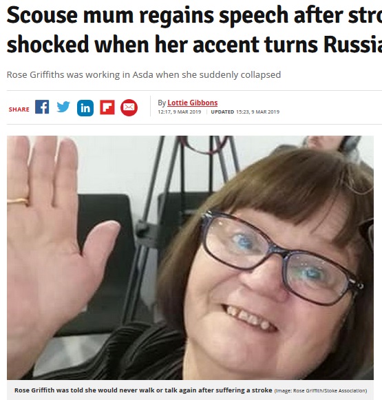 リバプール訛りだった女性、脳梗塞後はアクセントがロシア訛りに（画像は『Liverpool Echo　2019年3月9日付「Scouse mum regains speech after stroke - but is shocked when her accent turns Russian」（Image: Rose Griffith/Stoke Association）』のスクリーンショット）