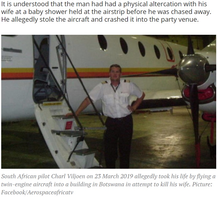 軽飛行機でクラブハウスに突っ込んだ夫（画像は『EWN　2019年3月25日付「MAN WHO TRIED TO KILL WIFE WITH PLANE IN BOTSWANA IDENTIFIED AS SOUTH AFRICAN」（Picture: Facebook/Aerospaceafricatv）』のスクリーンショット）