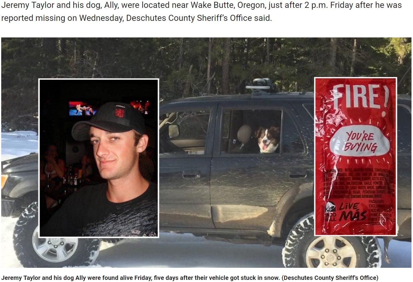 5日間タコベルのファイヤーソースで命を繋いだ男性（画像は『Fox News　2019年3月3日付「Oregon man, dog survive 5 days in vehicle stuck in snow eating taco sauce」（Deschutes County Sheriff’s Office）』のスクリーンショット）