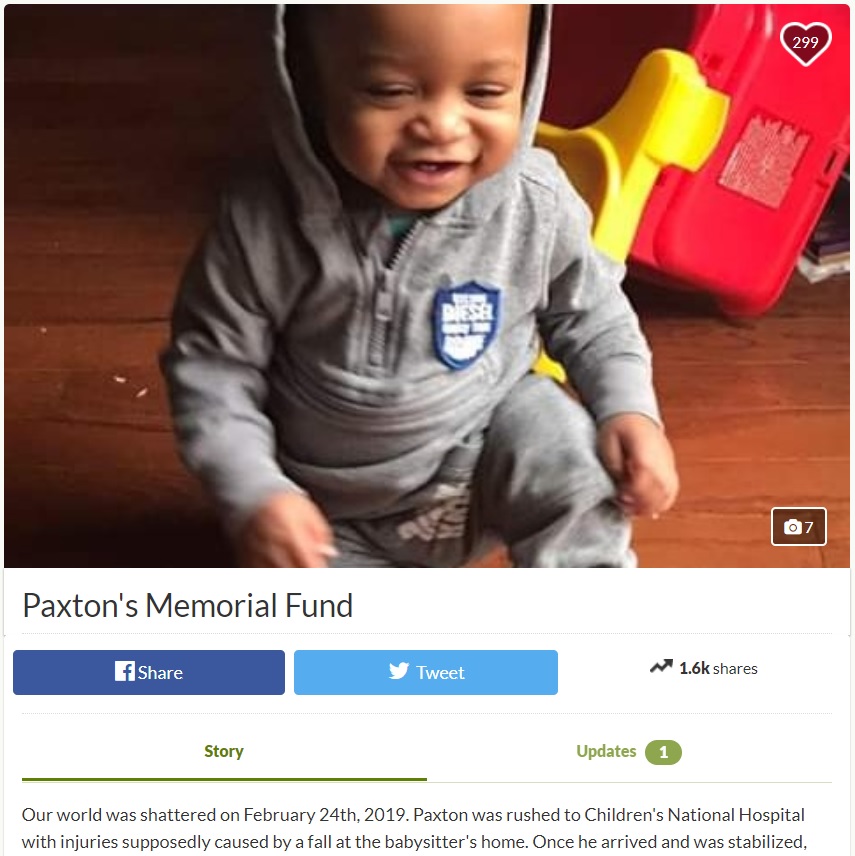 1歳の誕生日を迎えたばかりで命を奪われた男児（画像は『GoFundMe　2019年2月27日付「Paxton’s Memorial Fund」』のスクリーンショット）