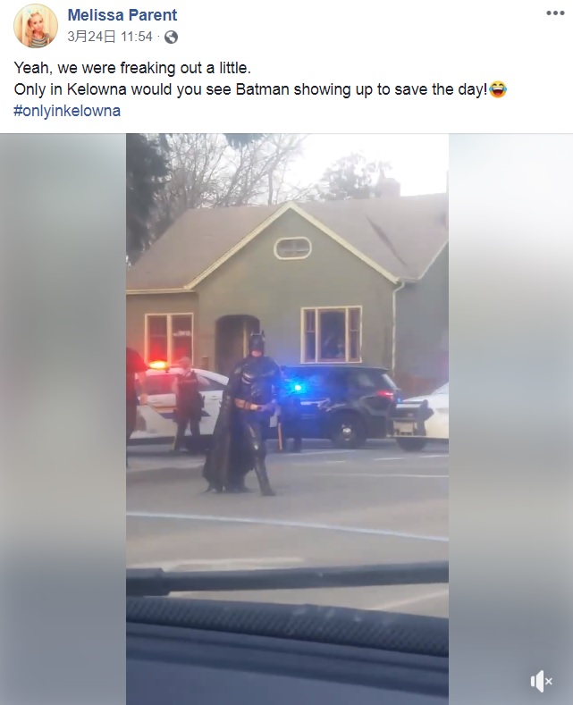 事件現場で活躍の場を失ったバットマン（画像は『Melissa Parent　2019年3月24日付Facebook「Yeah, we were freaking out a little.」』のスクリーンショット）