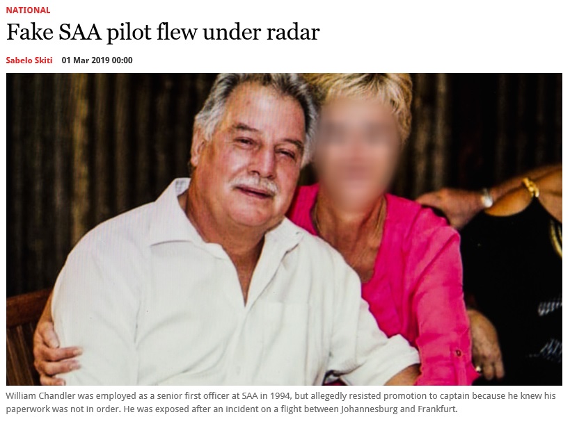 偽造ライセンスのまま働き続けたパイロット（画像は『Mail ＆ Guardian　2019年3月1日付「Fake SAA pilot flew under radar」』のスクリーンショット）