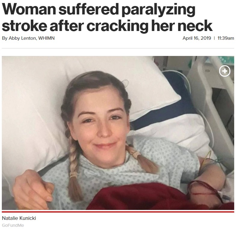 首の骨を鳴らしただけで体が麻痺してしまった女性（画像は『New York Post　2019年4月16日付「Woman suffered paralyzing stroke after cracking her neck」（GoFundMe）』のスクリーンショット）