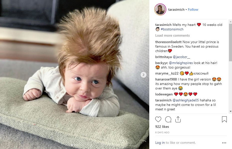 逆立つ髪を持つ生後4か月の男の子（画像は『Tara Mia Simich　2019年3月31日付Instagram「Melts my heart 16 weeks old」』のスクリーンショット）