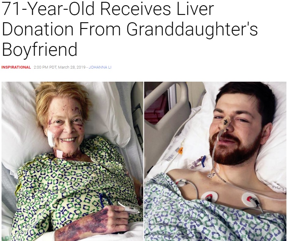 肝移植手術を受けた71歳女性とドナーの26歳男性（画像は『Inside Edition　2019年3月28日付「71-Year-Old Receives Liver Donation From Granddaughter’s Boyfriend」（Courtesy of Shelby Platt）』のスクリーンショット）