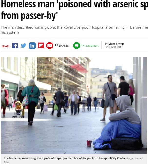ホームレス問題が深刻化するイギリス（画像は『Mirror　2019年4月9日付「Homeless man ‘poisoned with arsenic sprinkled on chips from passer-by’」（Image: Liverpool Echo）』のスクリーンショット）