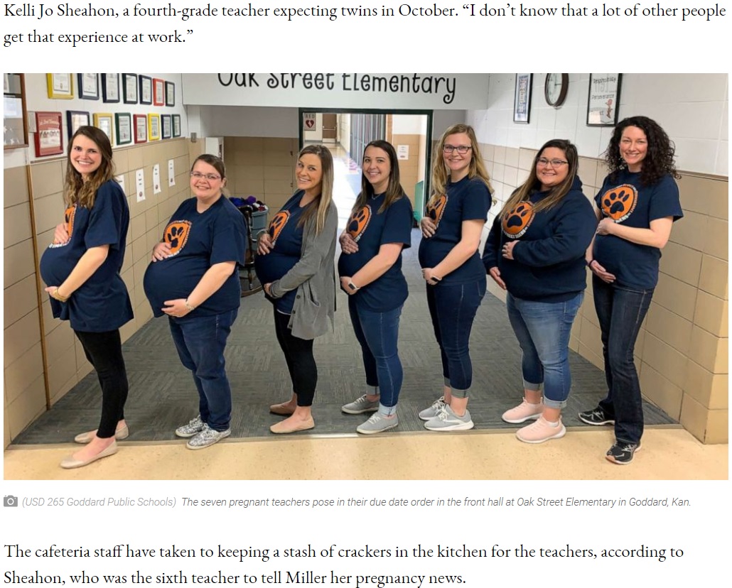 教師7人が同時期に妊婦に（画像は『ABC News　2019年3月30日付「Baby boom in the classroom: Nearly half of elementary school’s teachers announce pregnancies」（USD 265 Goddard Public Schools）』のスクリーンショット）