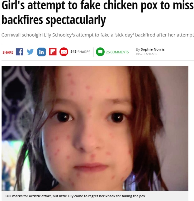 赤の油性ペンで水疱瘡を描いた6歳児（画像は『Mirror　2019年4月5日付「Girl’s attempt to fake chicken pox to miss spelling test backfires spectacularly」』のスクリーンショット）
