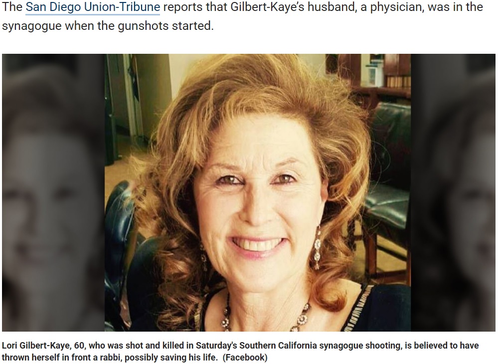 医師の夫による心肺蘇生処置受けるも死亡した女性（画像は『Fox News　2019年4月29日付「Doctor began CPR on California synagogue shooting victim unaware she was his wife」（Facebook）』のスクリーンショット）