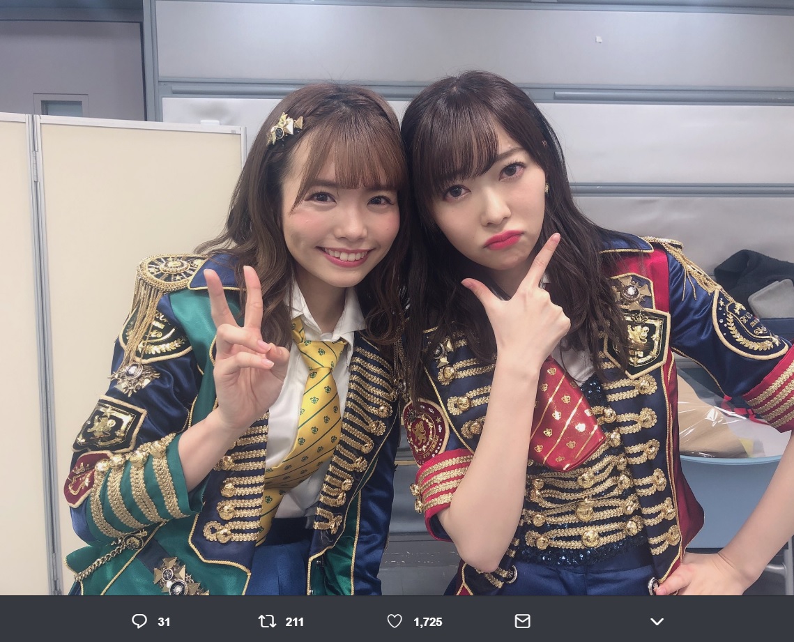 渕上舞と指原莉乃（画像は『渕上舞（HKT48）　2019年4月4日付Twitter「昨日は ＃CDTV さんの収録でした！」』のスクリーンショット）