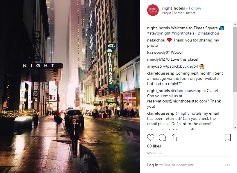 誤飲事故が発生したナイトホテル・タイムズスクエア（画像は『Night Hotels　2019年3月13日付Instagram「Welcome to Times Square」』のスクリーンショット）