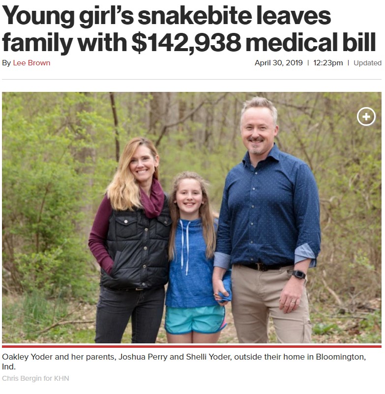 高額な医療費に愕然とした家族（画像は『New York Post　2019年4月30日付「Young girl’s snakebite leaves family with ＄142,938 medical bill」（Chris Bergin for KHN）』のスクリーンショット）