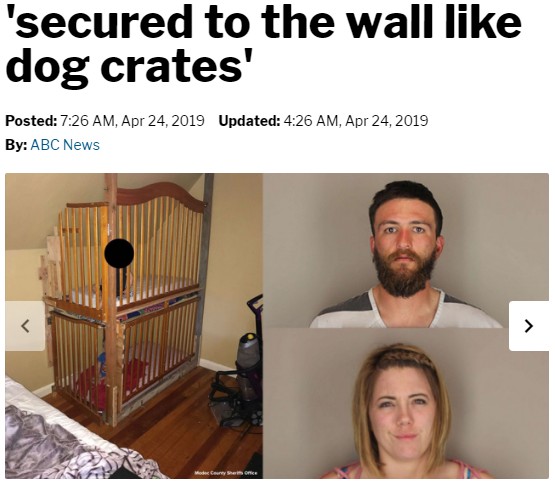 双子を檻に入れていた両親（画像は『ABC Action News　2019年4月24日付 New York post「Couple arrested for allegedly locking toddlers in cribs ‘secured to the wall like dog crates’」（Modoc County Sheriff’s Office）』のスクリーンショット）