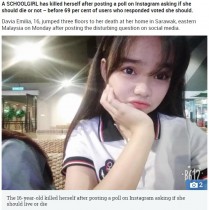 【海外発！Breaking News】生か死か尋ねた少女、69％が「死ぬべき」の回答に自ら命を絶つ（マレーシア）