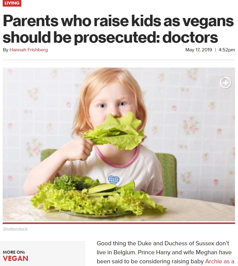 ヴィーガンを我が子に強要する親は「起訴されるべき」と医師が唱える（画像は『New York Post　2019年5月17日付「Parents who raise kids as vegans should be prosecuted: doctors」（Shutterstock）』のスクリーンショット）