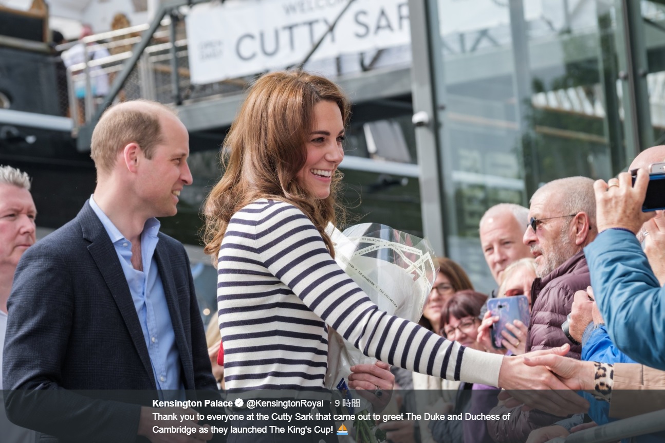 ウィリアム王子＆キャサリン妃、弟夫妻の第1子誕生に喜びのコメント（画像は『Kensington Palace　2019年5月7日付Twitter「Thank you to everyone at the Cutty Sark that came out to greet The Duke and Duchess of Cambridge as they launched The King’s Cup!」』のスクリーンショット）
