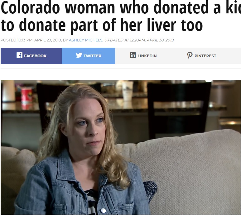 腎臓と肝臓の“ダブル・ドナー”になることを決意した女性（画像は『FOX31 Denver　2019年4月30日付「Colorado woman who donated a kidney getting ready to donate part of her liver too」』のスクリーンショット）