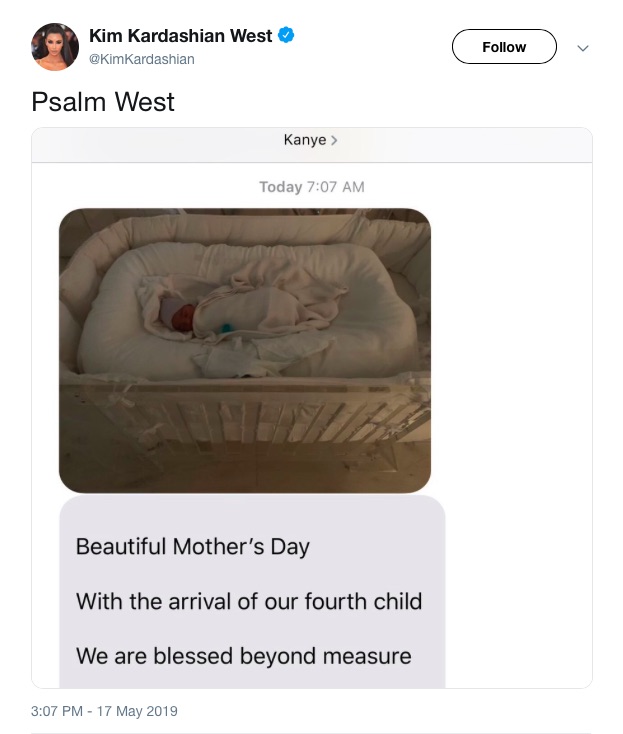 キム＆カニエの第4子“サーム・ウェスト”くん（画像は『Kim Kardashian West　2019年5月17日付Twitter「Psalm West」』のスクリーンショット）