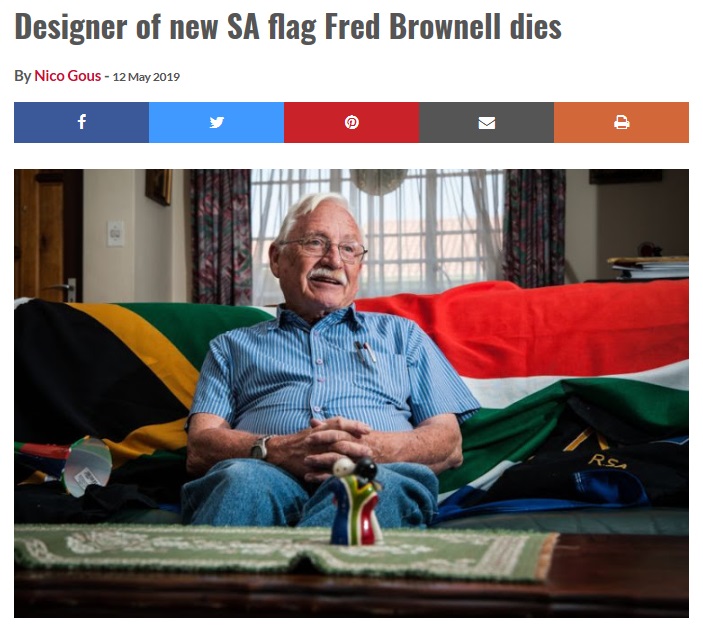 南アの民主主義を象徴する国旗をデザインしたフレッド・ブロウネル氏（画像は『DispatchLIVE　2019年5月12日付「Designer of new SA flag Fred Brownell dies」（Image: Sunday Times/Waldo Swiegers）』のスクリーンショット）