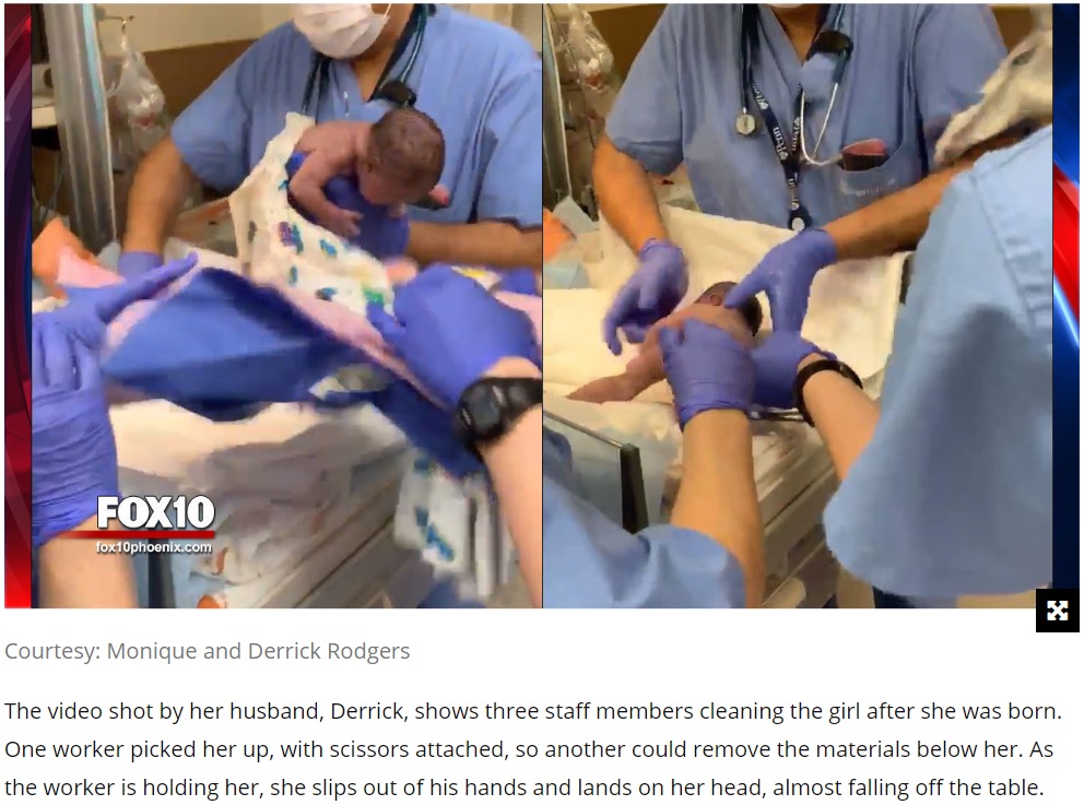 生まれたばかりの赤ちゃんに処置をする医師（画像は『FOX 10 Phoenix　2019年5月2日付「Video shot by family shows Chandler hospital staff dropping baby girl on her head」（Courtesy: Monique and Derrick Rodgers）』のスクリーンショット）
