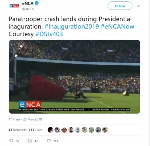【海外発！Breaking News】南アフリカ大統領就任式で珍事　パラシュート部隊が着地に失敗＜動画あり＞