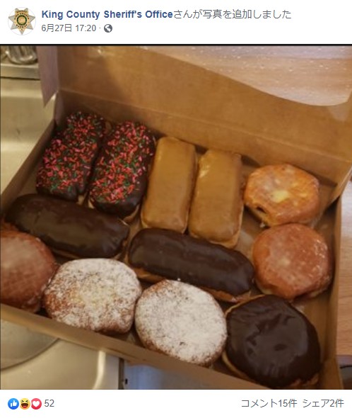 保安官事務所にドーナツを持って行ったのだが…（画像は『King County Sheriff’s Office　2019年6月27日付Facebook「People say cops love donuts but we don’t recommend this method of delivery…」』のスクリーンショット）