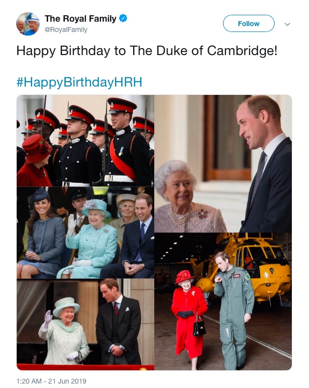 英王室はエリザベス女王とのコラージュ写真でウィリアム王子の誕生日を祝福（画像は『The Royal Family　2019年6月21日付Twitter「Happy Birthday to The Duke of Cambridge!」』のスクリーンショット）