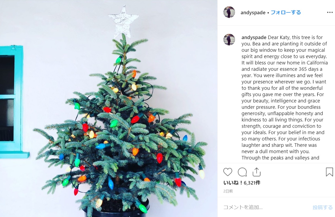 ケイトさんを想い飾り付けをしたクリスマスツリー（画像は『Andrew Spade　2019年6月6日付Instagram「Dear Katy, this tree is for you.」』のスクリーンショット）