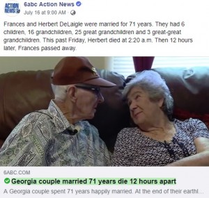 【海外発！Breaking News】結婚71年の夫婦、12時間差で亡くなる　「究極のラブストーリー」（米）