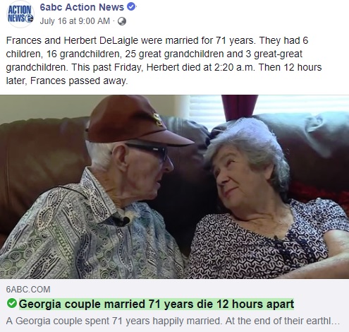 71年連れ添い、同じ日に亡くなった夫婦（画像は『6abc Action News　2019年7月16日付Facebook「Frances and Herbert DeLaigle were married for 71 years.」』のスクリーンショット）