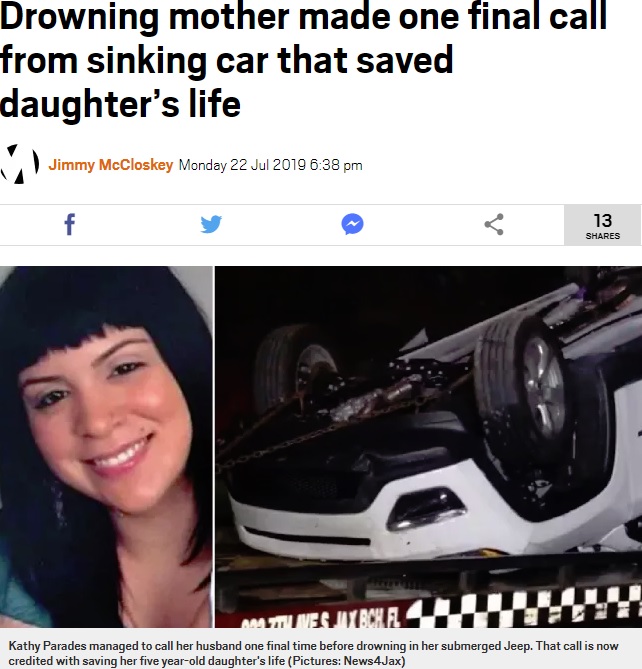 亡くなった35歳の母親と湖から引き揚げられた車（画像は『Metro　2019年7月22日付「Drowning mother made one final call from sinking car that saved daughter’s life」（Pictures: News4Jax）』のスクリーンショット）