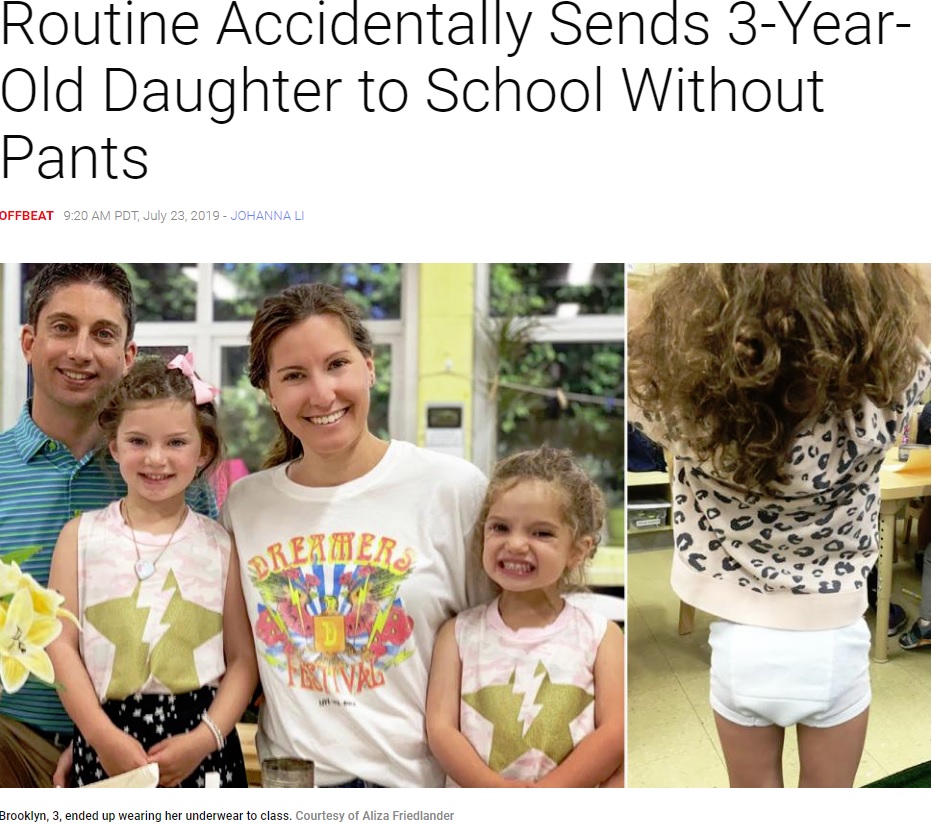 トレーニングパンツで保育園に行った娘（右）とその家族（画像は『Inside Edition　2019年7月23日付「Dad Left in Charge of Morning Routine Accidentally Sends 3-Year-Old Daughter to School Without Pants」（Courtesy of Aliza Friedlander）』のスクリーンショット）