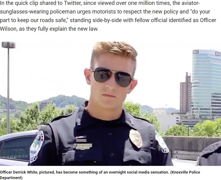 米テネシー州のイケメンすぎる警察官（画像は『Fox News　2019年7月6日付「‘Hot’ police officer has social media users swooning in new driving law video」（Knoxville Police Department）』のスクリーンショット）