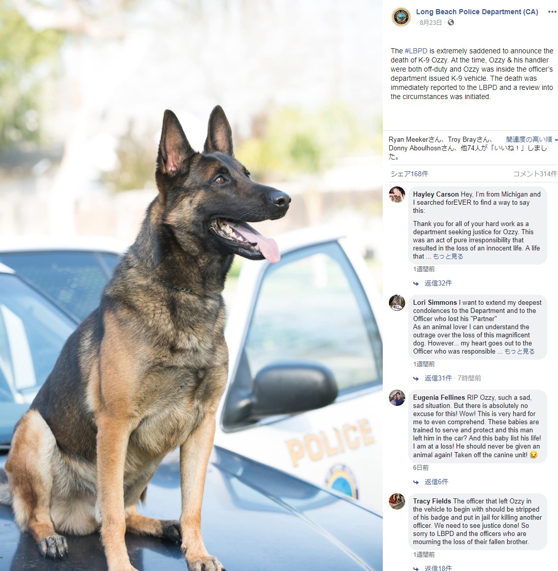 パトカー車内で命を落とした警察犬（画像は『Long Beach Police Department（CA）　2019年8月23日付Facebook「The ＃LBPD is extremely saddened to announce the death of K-9 Ozzy.」』のスクリーンショット）