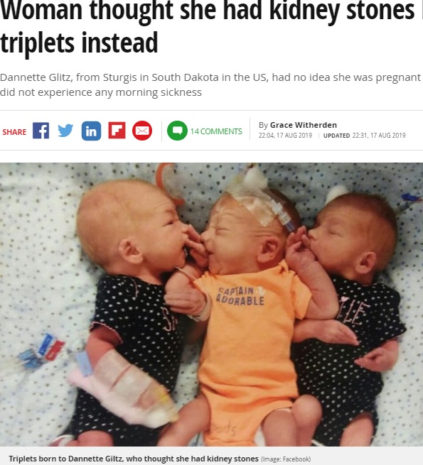 誕生した3つ子（画像は『Mirror　2019年8月17日付「Woman thought she had kidney stones but gives birth to triplets instead」（Image: Facebook）』のスクリーンショット）