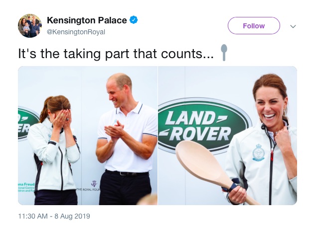 キャサリン妃、最下位でもこの笑顔！（画像は『Kensington Palace　2019年8月8日付Twitter「It’s the taking part that counts...」』のスクリーンショット）