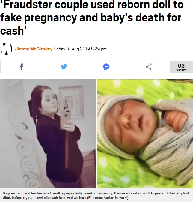 妊婦に成りすました女と寄付金サイトに投稿された赤ちゃんの人形（画像は『Metro　2019年8月16日付「‘Fraudster couple used reborn doll to fake pregnancy and baby’s death for cash’」（Pictures: Action News 4）』のスクリーンショット）